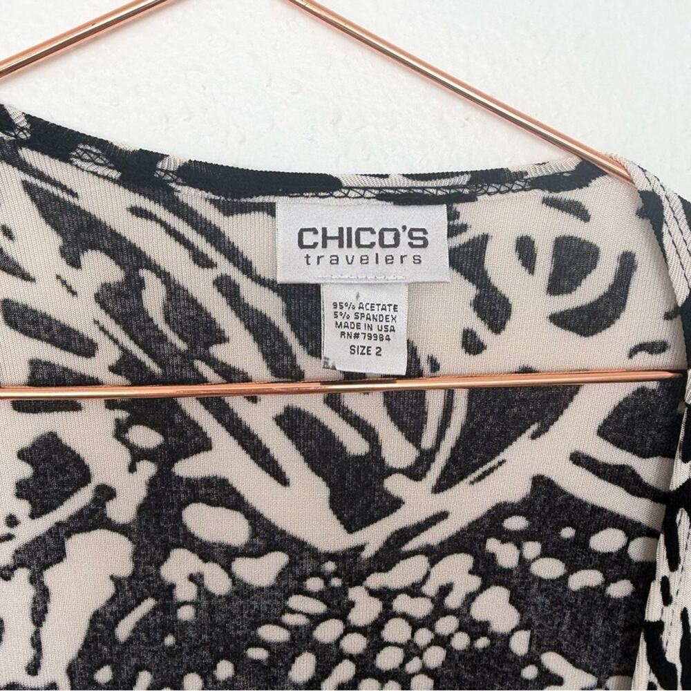 Chico's travelers Black and Cream front tie Abstract Blouse size 2 medium - Picture 2 of 5